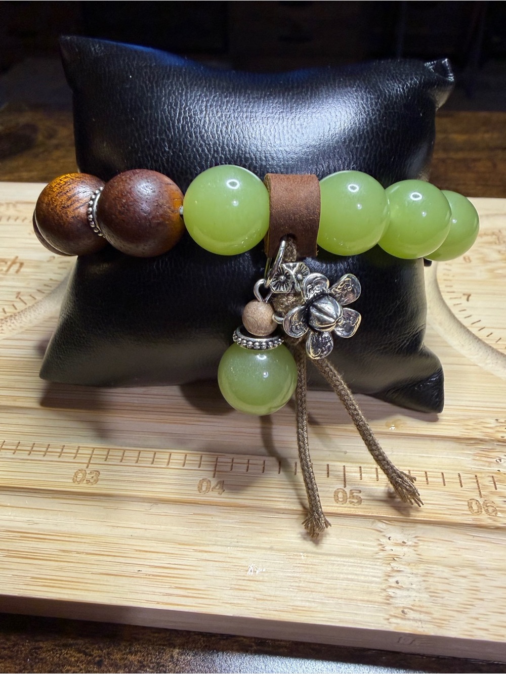 Jade & Wood Beaded Stretch Bracelet โข Gemstone Flower Charm 9โ Handmade
